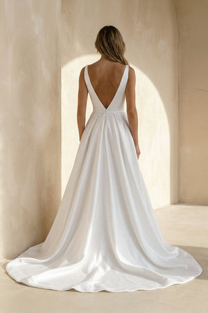 V - Neck Satin Sleeveless Wedding Dress in Ivory - SHE IS ME Wedding Dresses