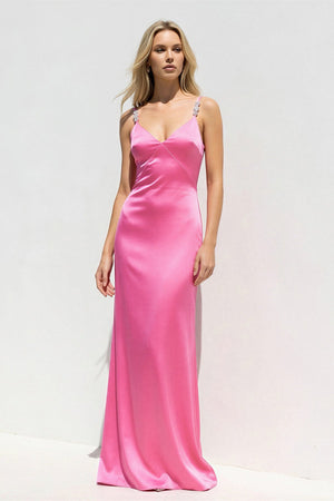 V Neck Sheath Maxi Dress With Beading in BonBon Pink - SHE IS ME PROM DRESSES