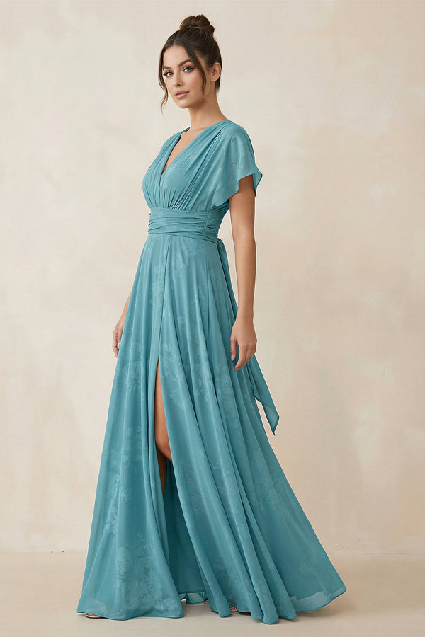 V - Neck Short Sleeve A - Line Floral Chiffon Bridesmaid Dress in Adriatic Blue - SHE IS ME Bridesmaid Dresses