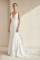 V - Neck Sleeveless Plunging Satin Wedding Dress in White - SHE IS ME Wedding Dresses
