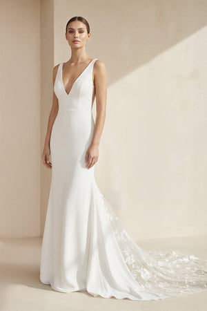V - Neck Sleeveless Plunging Satin Wedding Dress in White - SHE IS ME Wedding Dresses