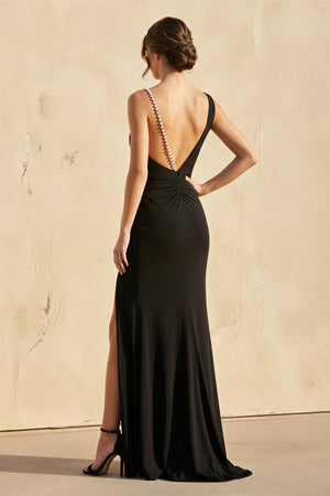 V Neck Slit Maxi Dress With Pearl in Black - SHE IS ME