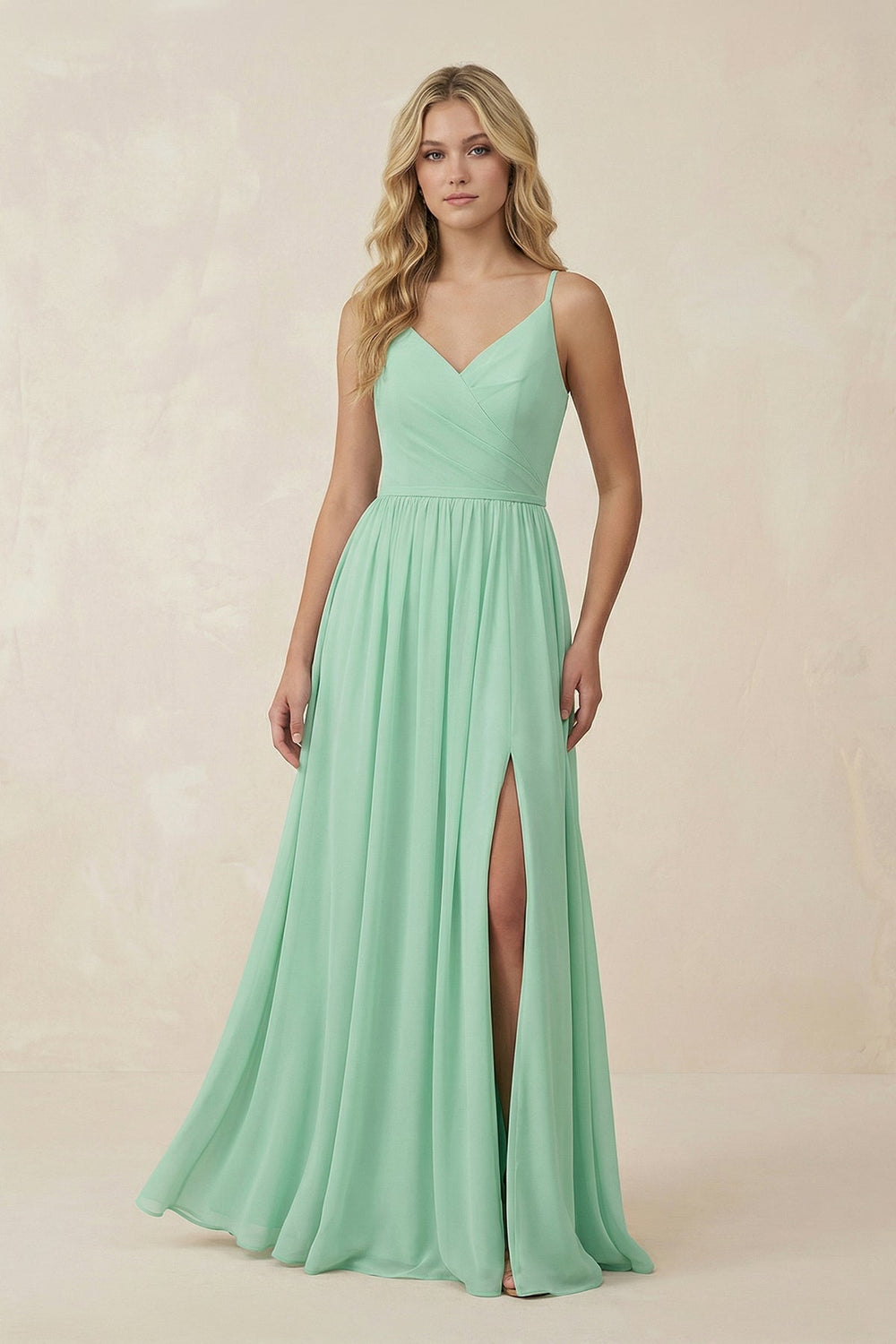V-Neck Spaghetti Strap A-Line Chiffon Bridesmaid Dress in Pale Pistachio - SHE IS ME BRIDESMAID DRESSES