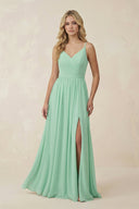 V-Neck Spaghetti Strap A-Line Chiffon Bridesmaid Dress in Pale Pistachio - SHE IS ME BRIDESMAID DRESSES