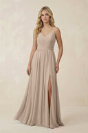 V - Neck Spaghetti Strap A - Line Chiffon Bridesmaid Dress in Almond - SHE IS ME Bridesmaid Dresses