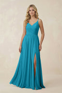 V - Neck Spaghetti Strap A - Line Chiffon Bridesmaid Dress in Blue Jay - SHE IS ME Bridesmaid Dresses