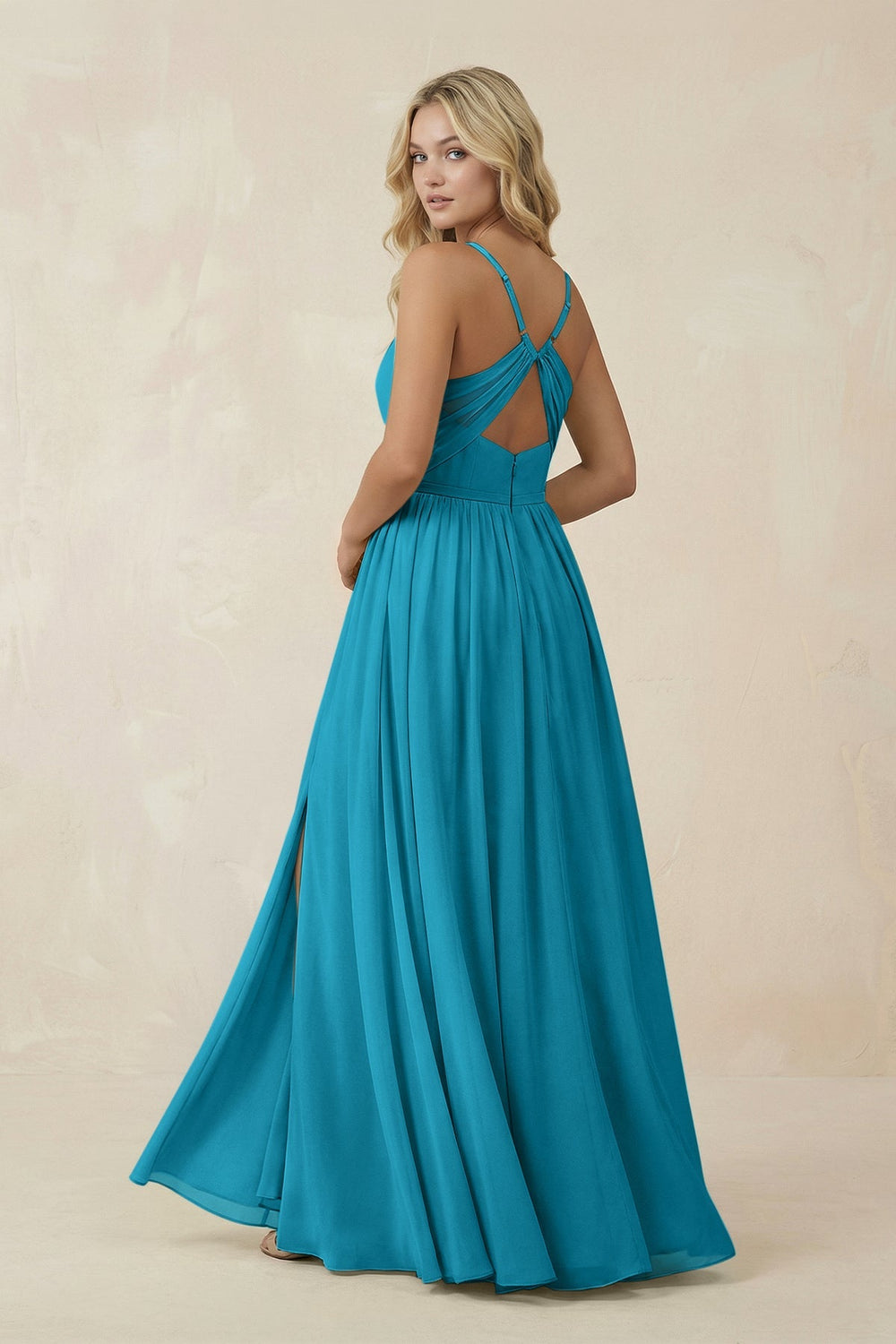 V - Neck Spaghetti Strap A - Line Chiffon Bridesmaid Dress in Blue Jay - SHE IS ME Bridesmaid Dresses