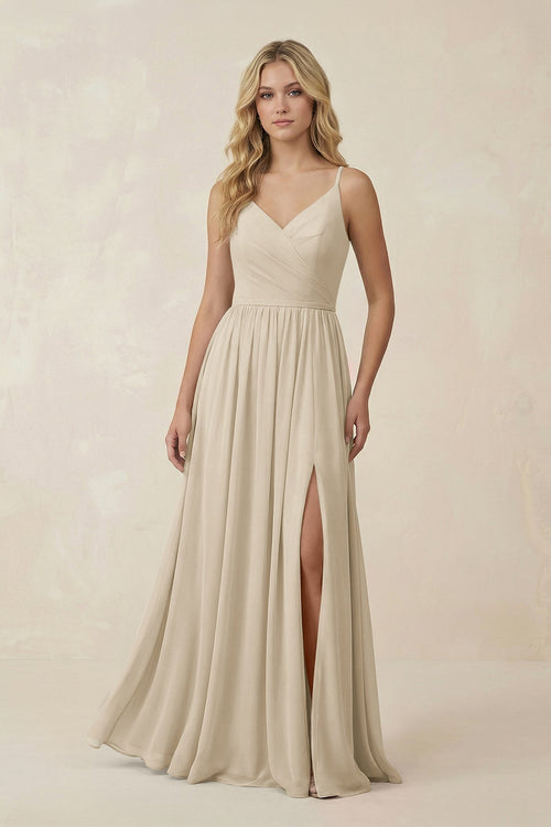 V - Neck Spaghetti Strap A - Line Chiffon Bridesmaid Dress in Champagne - SHE IS ME Bridesmaid Dresses