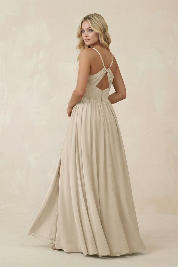 V - Neck Spaghetti Strap A - Line Chiffon Bridesmaid Dress in Champagne - SHE IS ME Bridesmaid Dresses