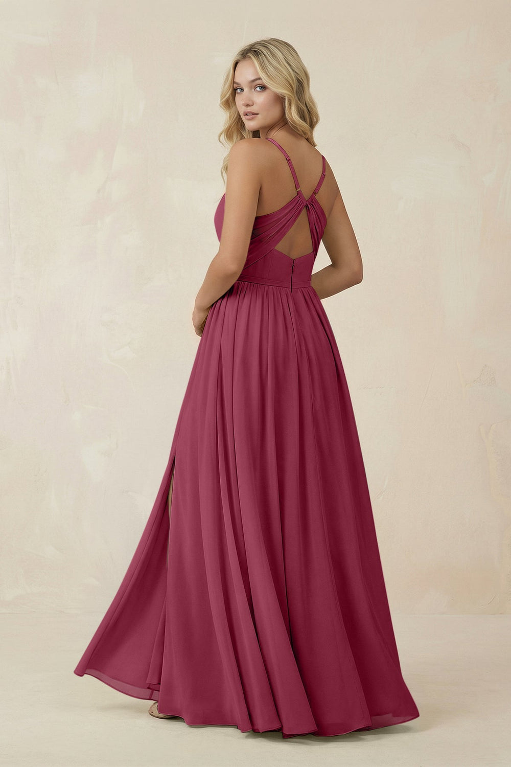 V - Neck Spaghetti Strap A - Line Chiffon Bridesmaid Dress in Desert Rose - SHE IS ME Bridesmaid Dresses