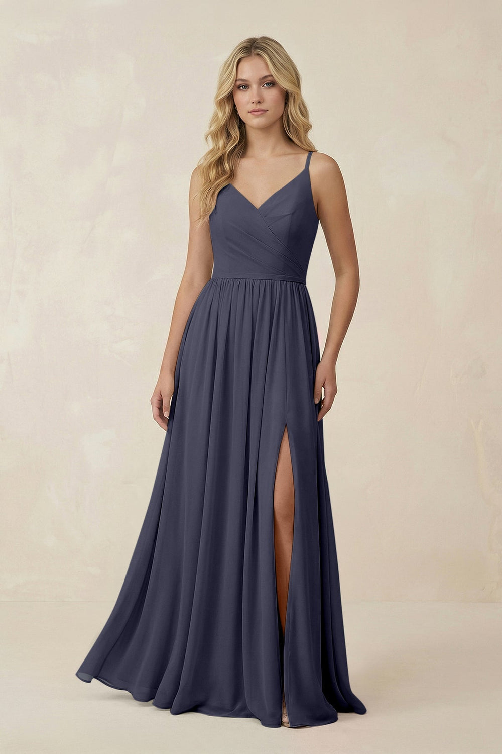 V - Neck Spaghetti Strap A - Line Chiffon Bridesmaid Dress in Dusk Blue - SHE IS ME Bridesmaid Dresses