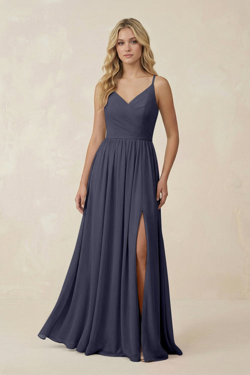 V - Neck Spaghetti Strap A - Line Chiffon Bridesmaid Dress in Dusk Blue - SHE IS ME Bridesmaid Dresses
