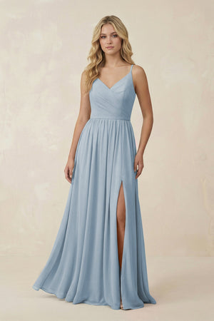 V - Neck Spaghetti Strap A - Line Chiffon Bridesmaid Dress in Dusty Blue - SHE IS ME Bridesmaid Dresses