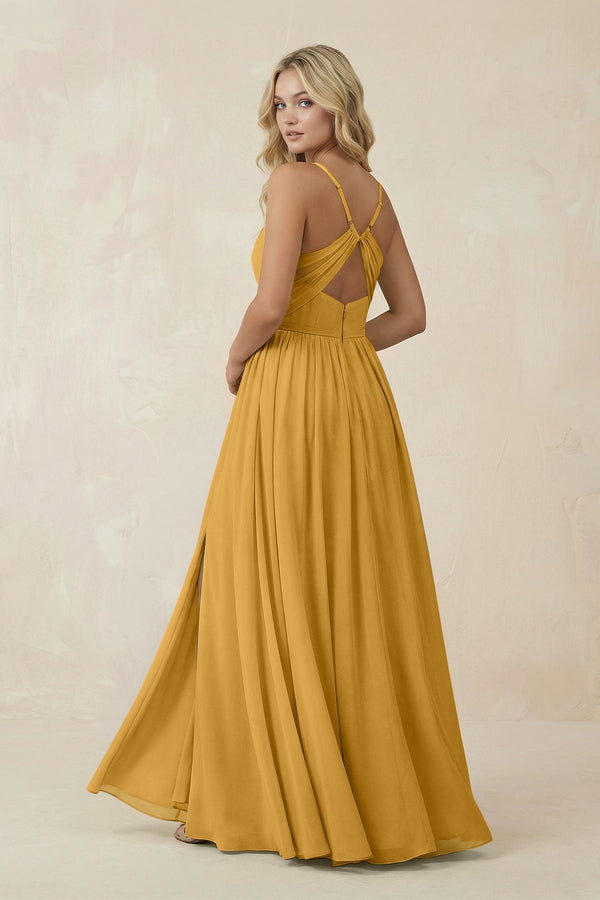 V - Neck Spaghetti Strap A - Line Chiffon Bridesmaid Dress in Marigold - SHE IS ME Bridesmaid Dresses
