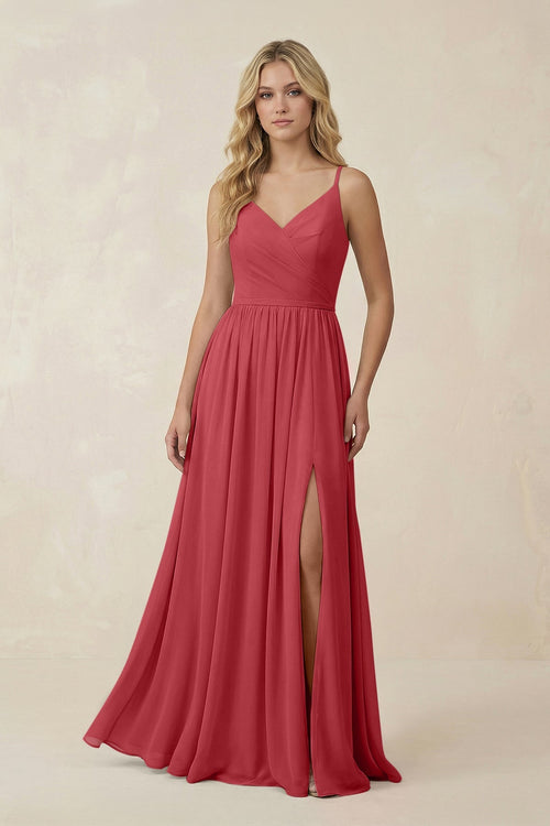 V - Neck Spaghetti Strap A - Line Chiffon Bridesmaid Dress in Merlot - SHE IS ME Bridesmaid Dresses