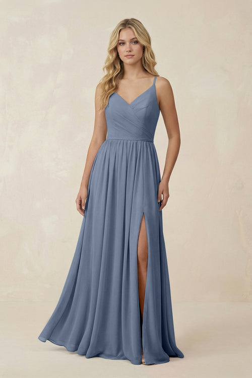V - Neck Spaghetti Strap A - Line Chiffon Bridesmaid Dress in Neptune - SHE IS ME Bridesmaid Dresses