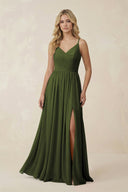 V - Neck Spaghetti Strap A - Line Chiffon Bridesmaid Dress in Olive - SHE IS ME Bridesmaid Dresses