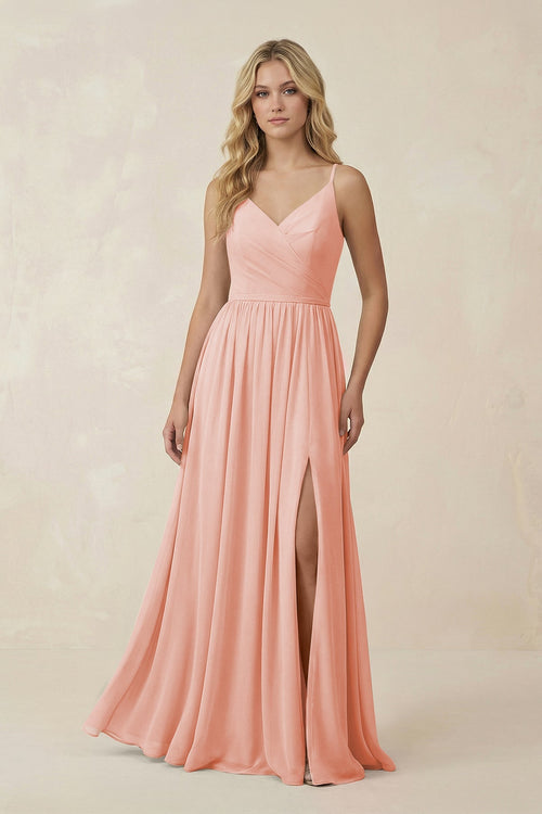 V - Neck Spaghetti Strap A - Line Chiffon Bridesmaid Dress in Rose Petal - SHE IS ME Bridesmaid Dresses