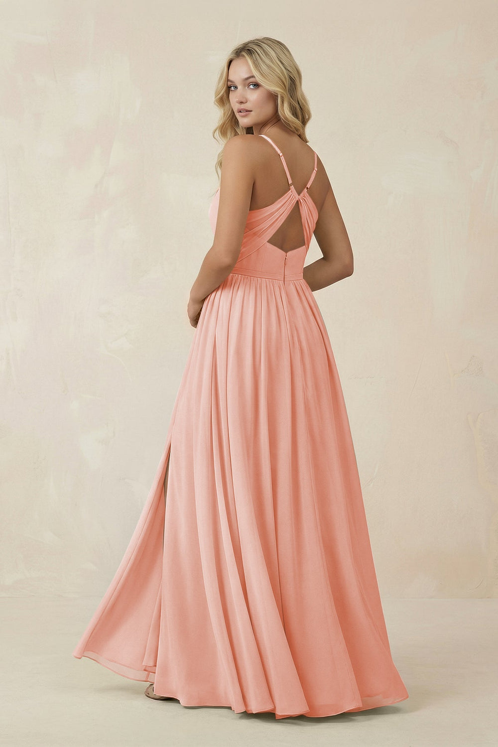 V - Neck Spaghetti Strap A - Line Chiffon Bridesmaid Dress in Rose Petal - SHE IS ME Bridesmaid Dresses