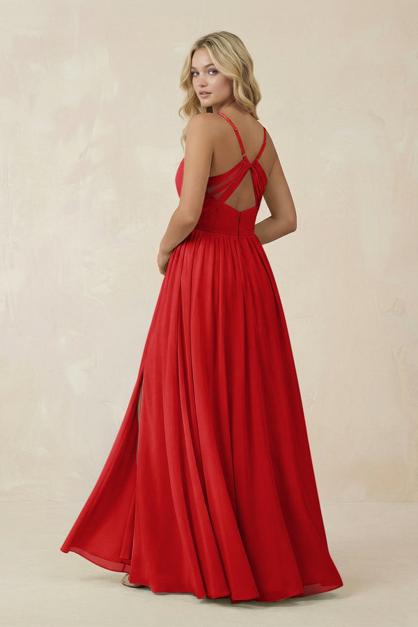 V - Neck Spaghetti Strap A - Line Chiffon Bridesmaid Dress in Ruby Red - SHE IS ME Bridesmaid Dresses