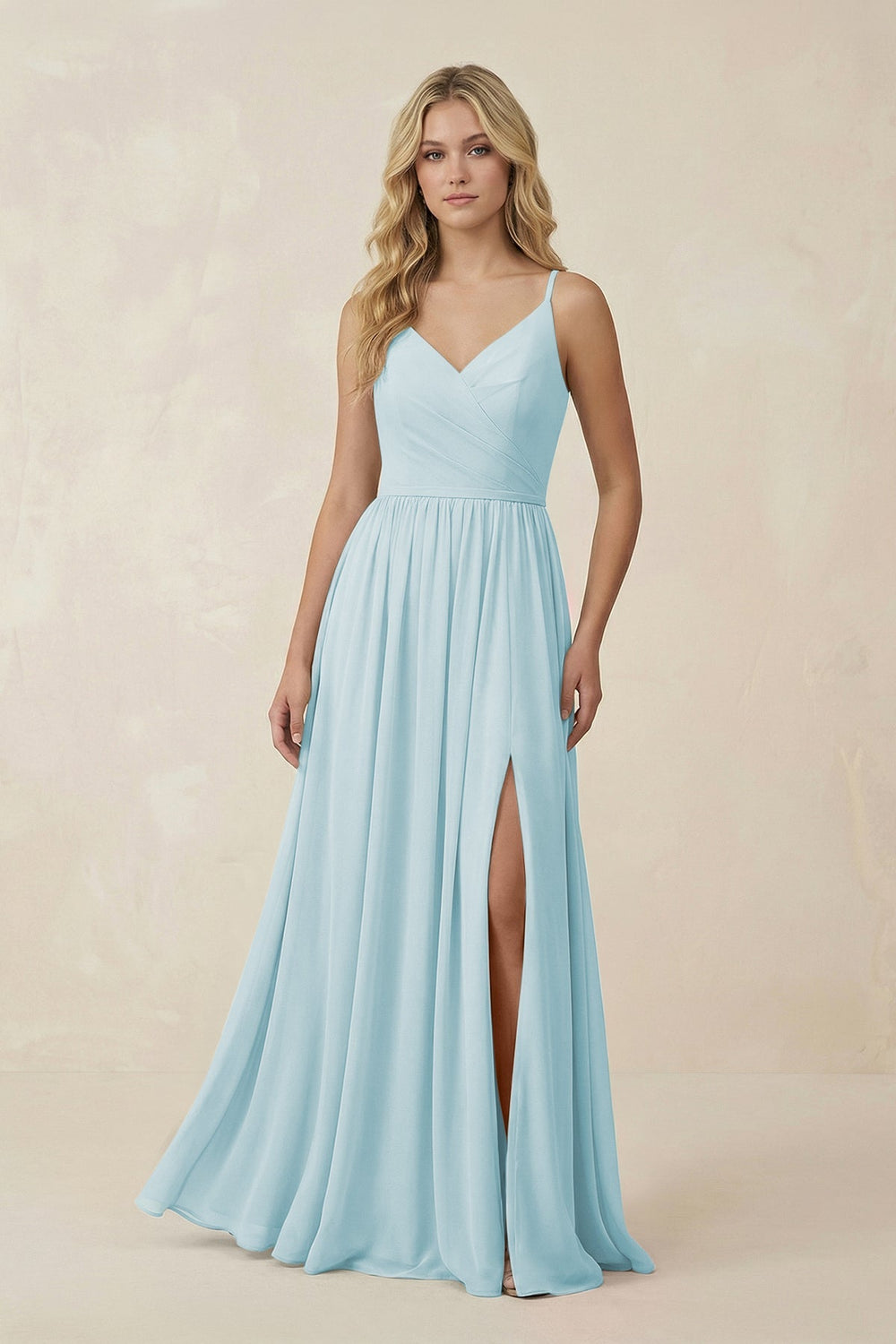 V - Neck Spaghetti Strap A - Line Chiffon Bridesmaid Dress in Sky Blue - SHE IS ME Bridesmaid Dresses