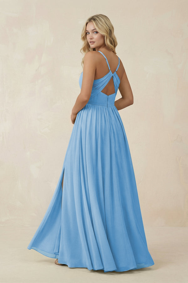 V - Neck Spaghetti Strap A - Line Chiffon Bridesmaid Dress in Steel Blue - SHE IS ME Bridesmaid Dresses