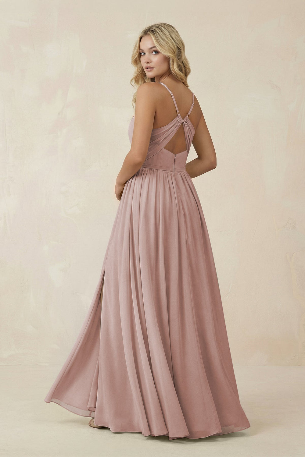 V - Neck Spaghetti Strap A - Line Chiffon Bridesmaid Dress in Toffee - SHE IS ME Bridesmaid Dresses