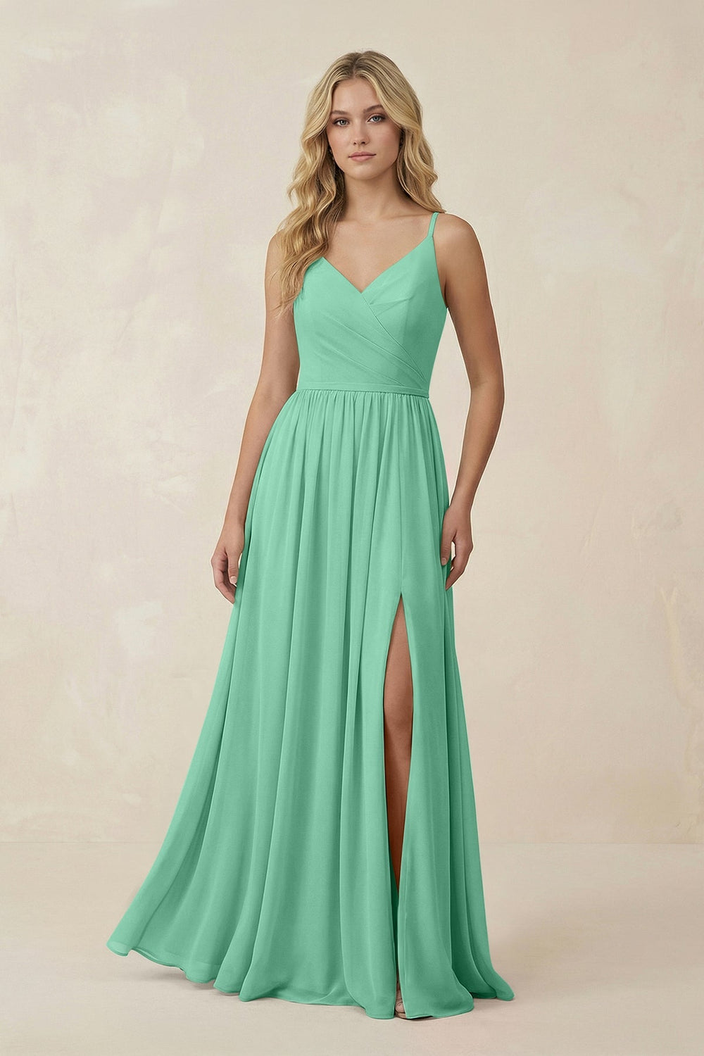 V - Neck Spaghetti Strap A - Line Chiffon Bridesmaid Dress in Turquoise - SHE IS ME Bridesmaid Dresses