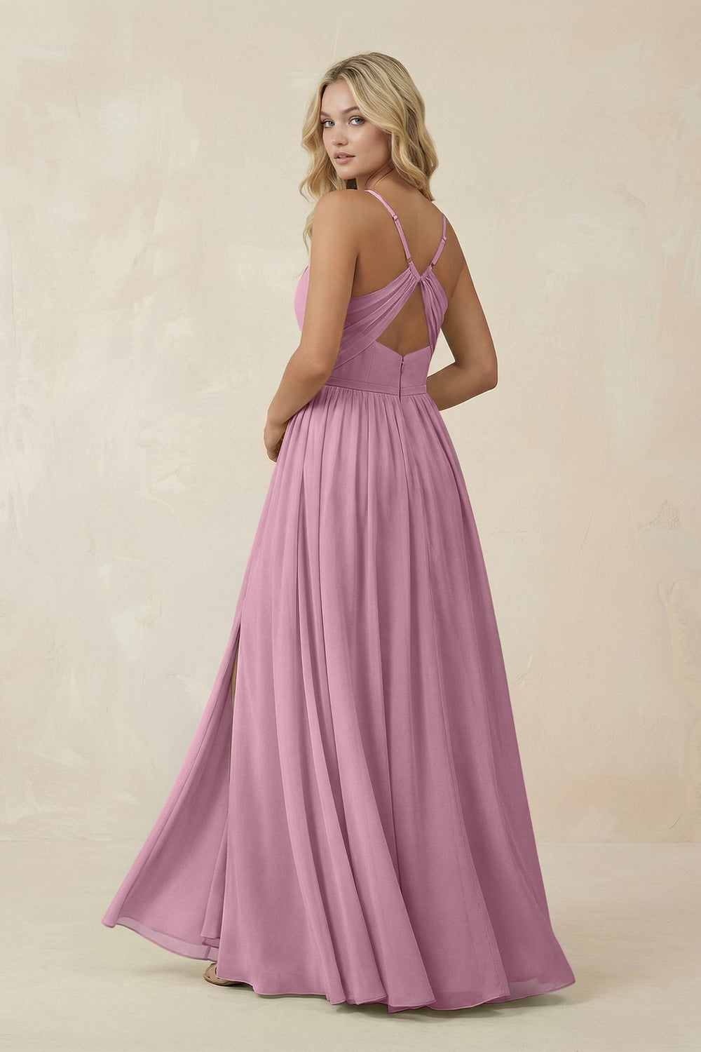 V - Neck Spaghetti Strap A - Line Chiffon Bridesmaid Dress in Vintage Mauve - SHE IS ME Bridesmaid Dresses