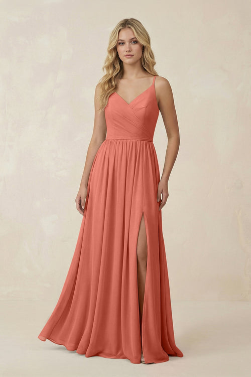 V - Neck Spaghetti Strap A - Line Chiffon Bridesmaid Dress in Wild Rose - SHE IS ME Bridesmaid Dresses