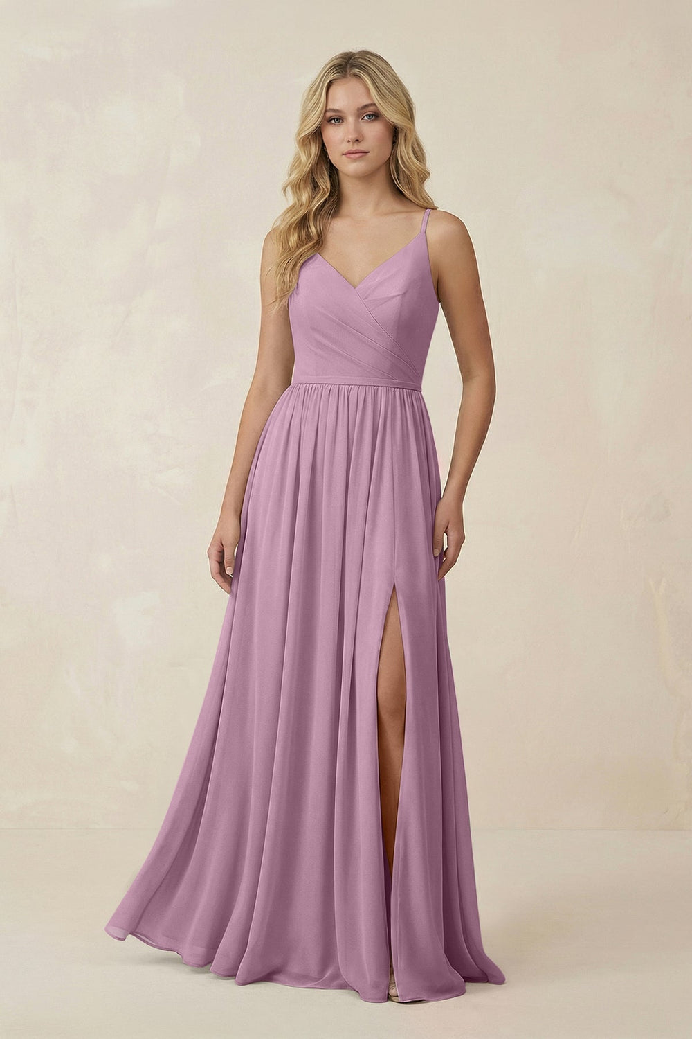 V - Neck Spaghetti Strap A - Line Chiffon Bridesmaid Dress in Wisteria - SHE IS ME Bridesmaid Dresses