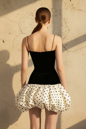 Velvet Bubble Hem Mini Dress in Black and Ivory - SHE IS ME